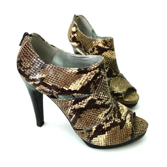 Gianni Bini Shoes - Gianni Bini Snake Animal Print Peep Toe Stiletto Heel Leather Booties Size 9